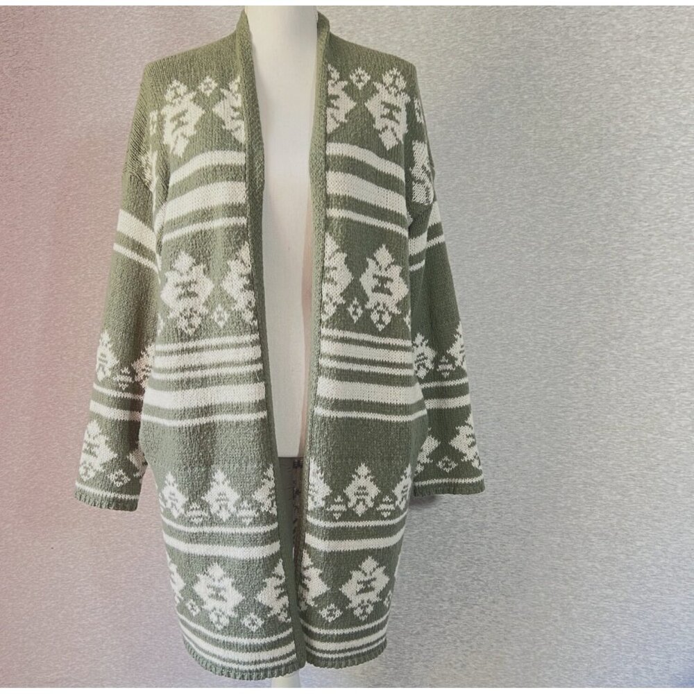 Knox Rose‎ Cardigan Womens Extra Small Green Oversized Cozy Sweater Aztec Boho